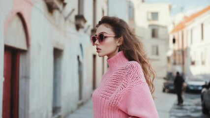 Poster - A person wearing a pink sweater and sunglasses on a casual day