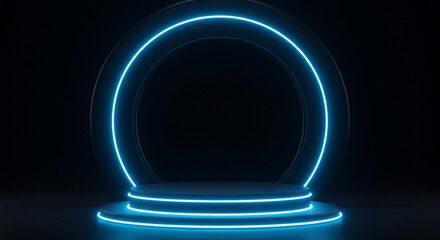Poster - Futuristic Neon Blue Ring Stage Dark Background 3D Render Abstract Cyberpunk Product Display
