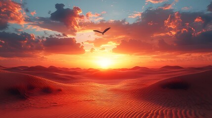 Poster - Dramatic desert sunset with soaring hawk