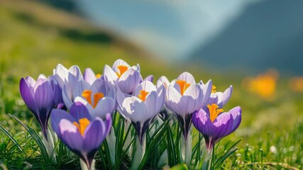 Poster - A bouquet of vibrant purple and yellow flowers grows amidst lush green grass