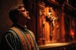 © ProStockPhoto - Clergy member in ornate vestment looks upward in thoughtful contemplation, within dim, softly lit cathedral interior setting