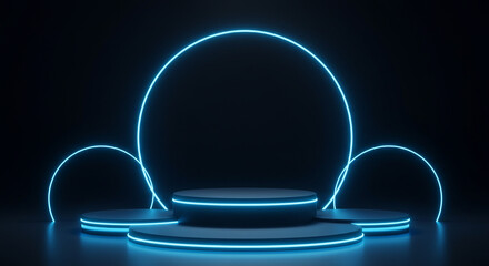 Poster - Neon Blue Circle Stage Dark Abstract Background Modern Product Display Futuristic Design 3D Render