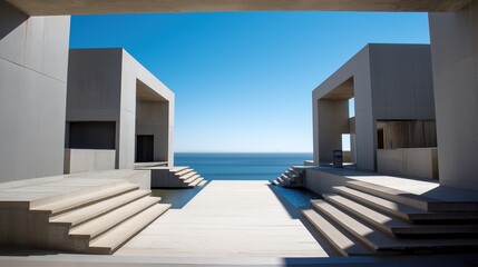 Poster - Modernist concrete structure with geometric shadows overlooking a calm ocean under clear blue sky