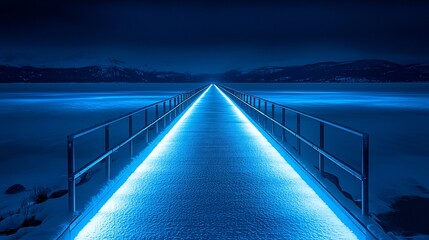 Wall Mural - Night Pier Illuminated by Blue Light on Frozen Lake