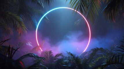 Poster - Neon circle shape glowing in a tropical jungle at night in 80s synthwave style