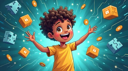 blockchain for children, cute cartoon illustration with a happy little kid