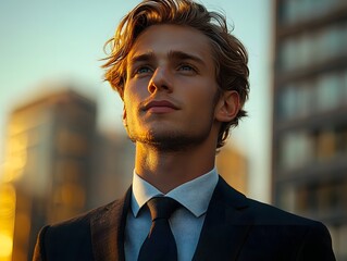 Poster - Confident executive standing on a rooftop overlooking the city skyline
