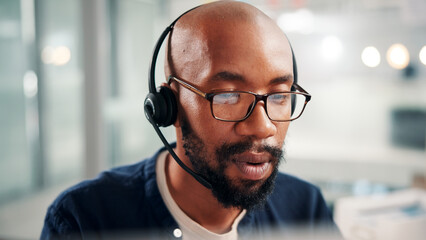 Aufkleber - Talking, call center and business man in office for contact us, crm service and customer support. Glasses, professional consultant and person with headset for communication, advice and feedback