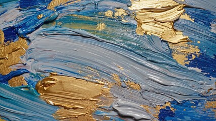 Poster - Colorful abstract painting with dynamic brush strokes featuring gold, blue, and silver tones in a textured design