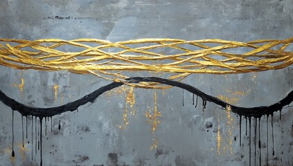 Poster - Abstract composition featuring golden strands and dark drips on textured background