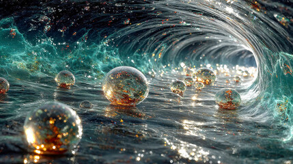 Poster - Futuristic glowing orbs floating in a surreal aqua tunnel with reflections and sparkles