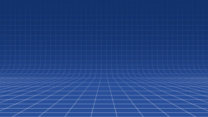Poster - Blue background with white perspective grid lines creating a square pattern. Template platform for technology, user interface, industry, science, blueprint, or infographic concept. Vector illustration