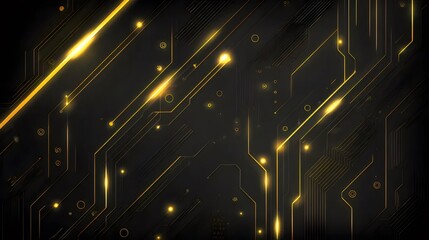 Aufkleber - 黄金の輝きを放つ抽象的なテクノロジー背景 黒色の回路基板パターン デジタル接続と未来的なデザインが特徴