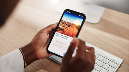 Leinwandbilder - Person, hands or website with phone screen for holiday getaway, vacation or trip at office. Closeup, customer or user browsing with mobile smartphone display for online booking, travel or tourism app