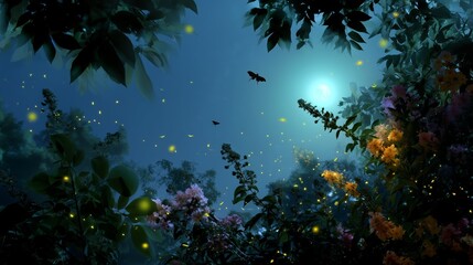 Poster - Magical evening in a serene forest filled with glowing fireflies and blooming flowers under a moonlit sky