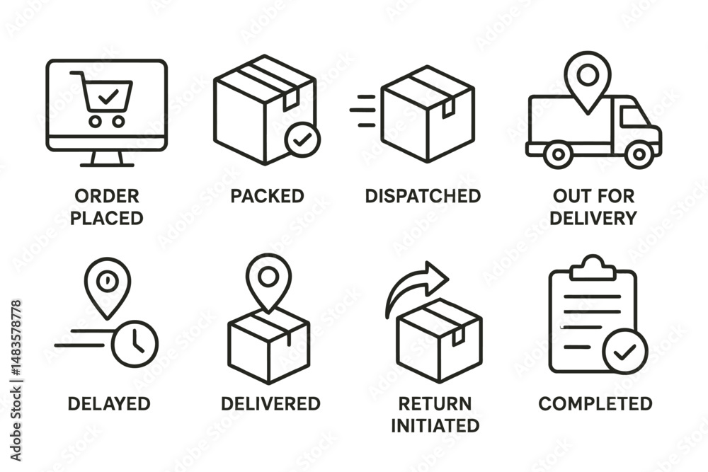E-commerce order tracking stages: delivery process icons illustrated ...
