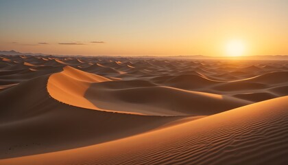 Poster - Golden Desert Landscape With Soft Dunes And Long Shadows At Sunrise, The Sky A Gradient Of Orange And Blue, A Serene And Peaceful Scene. This Desert Evokes Feelings Of Tranquility.