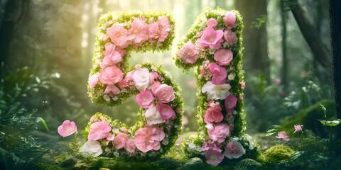 Poster - 森林背景のピンクと白の花で飾られた数字51の明るい画像 暗い緑の苔と葉のある地面と魔法のような光に照らされた緑豊かな木