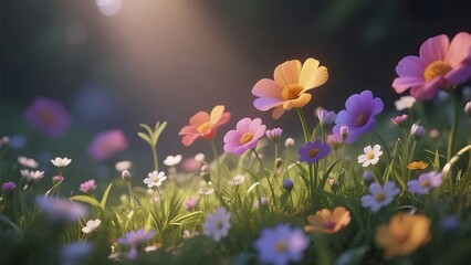 Aufkleber - カラフルな野花が咲き誇る緑豊かな野原 太陽の光が降り注ぎ 春の美しい風景を照らす