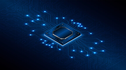 Leinwandbilder - Microchip processor circuit board technology on dark blue background. Information Processing Concept. Circuit board hi-tech technology background. vector illustration	