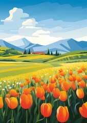 Poster - オレンジ色のチューリップ畑と緑の丘陵地帯 山々と青空が広がるピクセルアート風の風景
