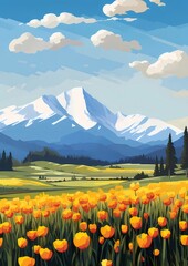 Poster - 雪を頂いた山々とオレンジ色のチューリップ畑が広がる青空の穏やかなピクセルアートの風景