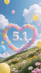 Aufkleber - パステルカラーの風船ハートが浮かぶ花の咲く丘の風景 青空と雲の背景 春夏のイベントやお祝いの日のイラストレーション