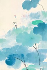 Aufkleber - 淡い水色と緑色の蓮の葉と花の穂先を描いた伝統的な水彩画とインク絵画