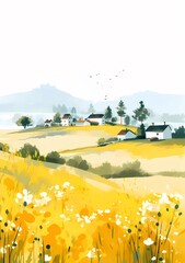 Poster - 黄色と緑の丘と白い家のある村の水彩画の風景 山と晴れた空を背景に平和で穏やかな田舎のシーン
