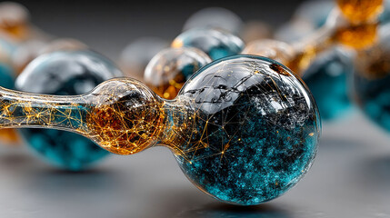Poster - Microscopic view of blue molecular structures with golden filaments inside transparent glass bubbles, hyperrealistic texture