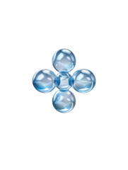 Poster - Abstract glassy spheres are arranged in a cross shape with smooth surface and transparent reflections on pure white background, showcasing simple elegance here.