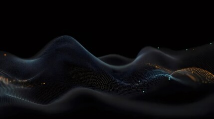 Poster - 暗い背景に浮かぶ青と金の粒子の抽象的な波状のパターンとダイナミックな動きを持つ未来的なデジタル技術の背景