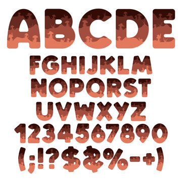Font, alphabet, letter, number from layers with mushrooms and snails. Isolated vector objects on white background.