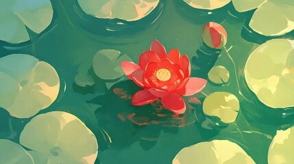 Aufkleber - 水面に浮かぶ赤い睡蓮の花と緑の葉 静かで穏やかな池の風景 美しい水彩イラストスタイル