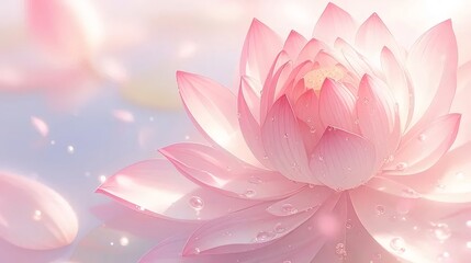 Aufkleber - 水滴が付いた薄いピンク色の蓮の花のクローズアップ 優雅な花びらと反射のある穏やかな水面 瞑想的な東洋の美しさの背景