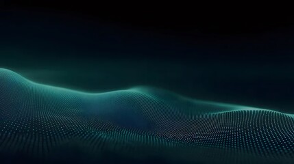 Aufkleber - 暗い背景に光る粒子波の抽象的な表現 青と緑色のグラデーションのデジタルメッシュテクノロジーネットワークと接続