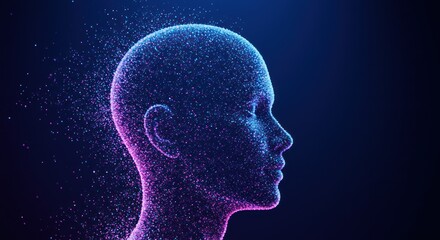 Poster - Abstract human head profile glowing with blue and purple particles on dark background.