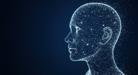 Poster - Digital human head silhouette made of dots and lines on dark background.