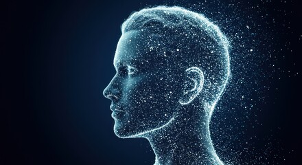 Aufkleber - Digital human head profile dissolving into particles against a dark blue background.