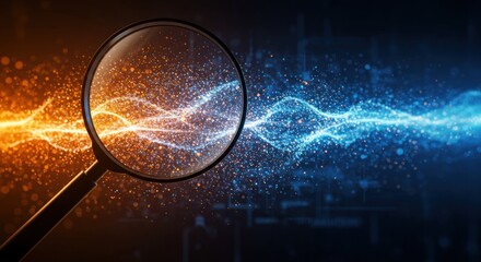 Poster - Magnifying glass over abstract orange and blue energy wave background.