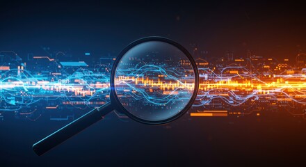 Poster - Magnifying glass over abstract glowing lines blue and orange background.