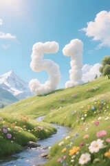 Poster - 緑豊かな丘に流れる川と雲のような数字の明るい夏の風景 高山の背景には青い空とカラフルな花々
