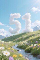 Poster - 牧草地の川の上に浮かぶ雲でできた抽象的な数字のイメージ、山の背景を持つ穏やかな風景