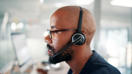 Aufkleber - Office, call center and black man with headset on computer for contact us, crm service and customer support. Business, consultant and profile of person talking for communication, advice and feedback