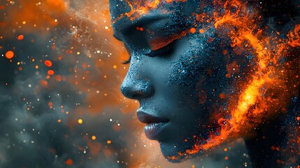 Poster - Abstract portrait blending face with expressive paint splatters