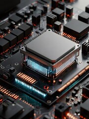 Aufkleber - 詳細なクローズアップ半導体マイクロチップ技術と回路基板の複雑なデザインと青とオレンジの照明が組み込まれた未来的なイメージ