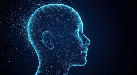 Poster - Digital human head profile with glowing particles on a dark background.
