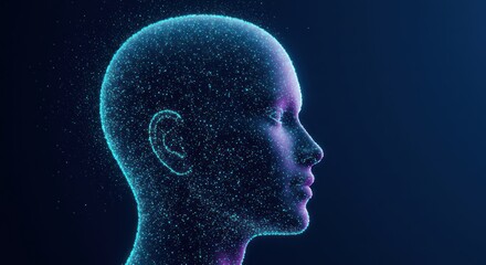 Poster - Digital human head profile with glowing dots and lines on a dark background.