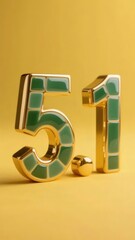 Poster - 黄金と緑のセラミックタイルで飾られた数字51の3Dレンダリングがお祝いの黄色の背景に映える