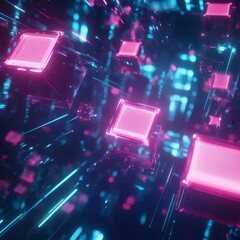Aufkleber - ピンクと青のキューブを備えた抽象的な未来的なテクノロジーの背景 デジタルデータと接続の3Dレンダリング ピンクと青のネオンライトと幾何学的なパターンが特徴です